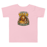 Made to Roar “Faith Over Fear” Toddler T-Shirt in pink, featuring a lion and a child symbolizing faith and courage.