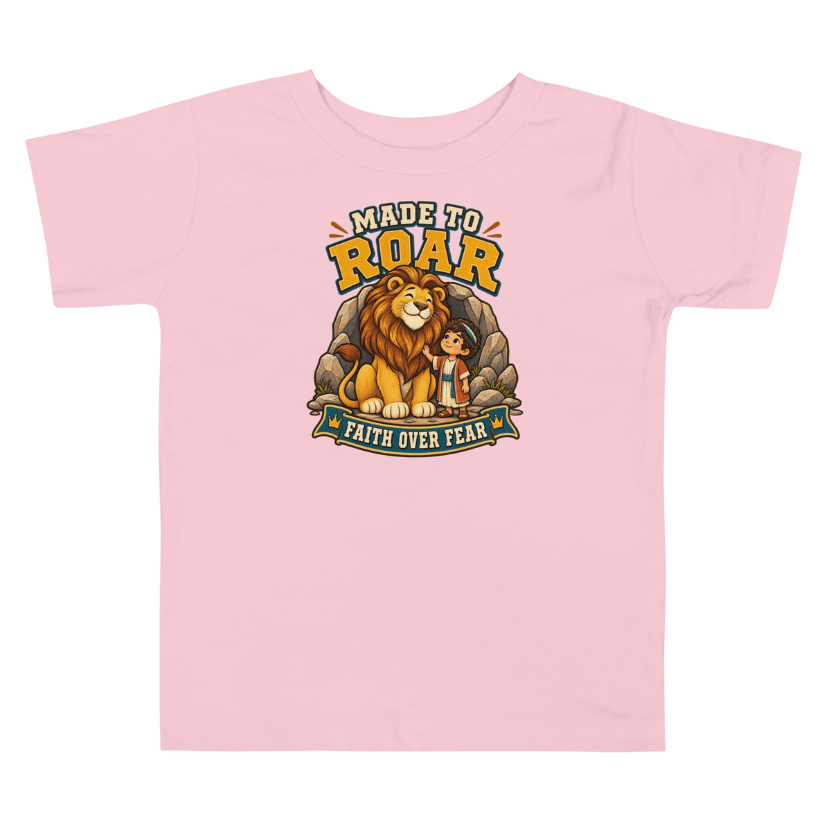 Made to Roar “Faith Over Fear” Toddler T-Shirt in pink, featuring a lion and a child symbolizing faith and courage.