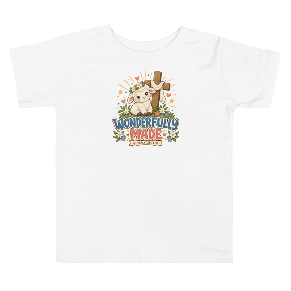 Wonderfully Made Psalm 139:14 Toddler Christian T-Shirt in white, featuring a cute lamb and cross design celebrating faith.
