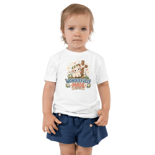Wonderfully Made Psalm 139:14 Toddler Christian T-Shirt on a child, celebrating faith with adorable design.