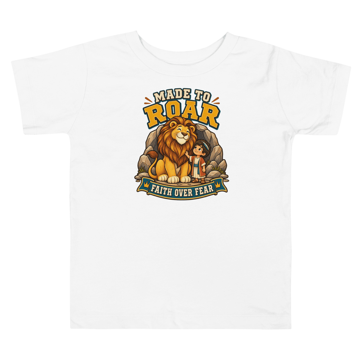 Made to Roar “Faith Over Fear” Toddler T-Shirt featuring lion design, perfect Christian apparel for kids.