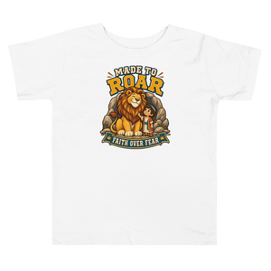 Made to Roar “Faith Over Fear” Toddler T-Shirt featuring lion design, perfect Christian apparel for kids.