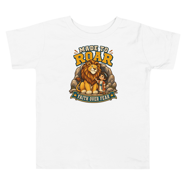 Made to Roar “Faith Over Fear” Toddler T-Shirt featuring lion design, perfect Christian apparel for kids.