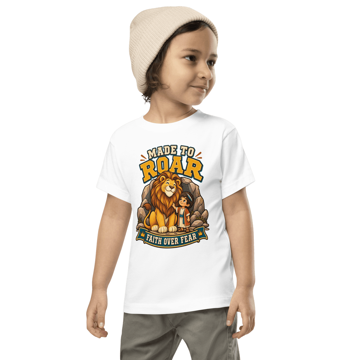 Made to Roar “Faith Over Fear” Toddler T-Shirt featuring a lion and child, promoting faith and courage in apparel.