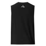 Unshaken Performance Cross Logo Muscle Shirt showing the back design with a mountain logo on a black sleeveless shirt.