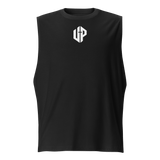 Unshaken Performance Cross Logo Muscle Shirt in black, symbolizing faith and strength in Christ for athletic wear.