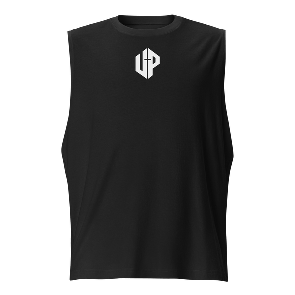 Unshaken Performance Cross Logo Muscle Shirt in black, symbolizing faith and strength in Christ for athletic wear.
