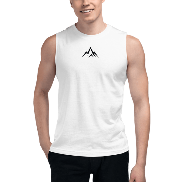 Unshaken Performance Unisex Muscle Shirt worn by a smiling male model, showcasing the bold mountain logo representing faith and strength.