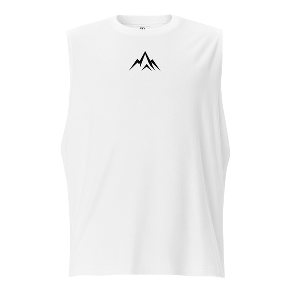 Unshaken Performance Unisex Muscle Shirt in white, perfect for workouts and representing faith in God.