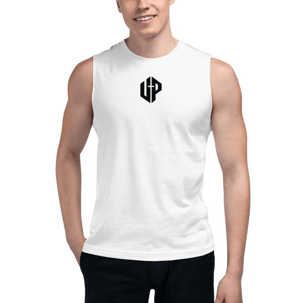 Unshaken Performance Cross Logo Muscle Shirt worn by a model, showcasing faith-based athletic apparel.