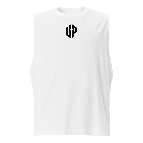 Unshaken Performance Cross Logo Muscle Shirt in white, designed for athletes with faith in God.
