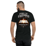 Fully Equipped 2 Timothy 3:16–17 Christian T-Shirt featuring a glowing Bible and sword on a black tee.