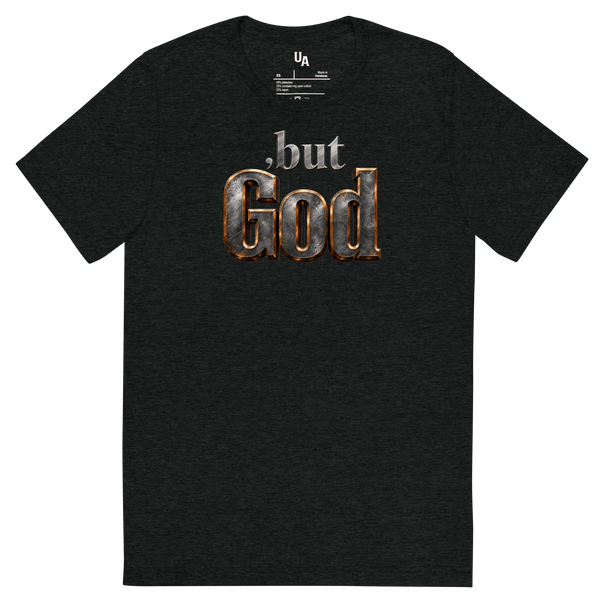 But God Forged Faith Metallic Christian T-Shirt, displaying bold lettering and rugged steel texture.