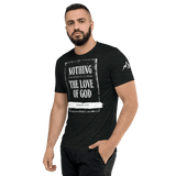 Nothing Can Separate Us From the Love of God T-Shirt worn by a man, showcasing its bold Christian message and distressed style.