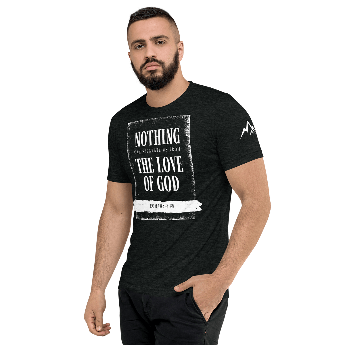 Nothing Can Separate Us From the Love of God T-Shirt worn by a man, showcasing its bold Christian message and distressed style.