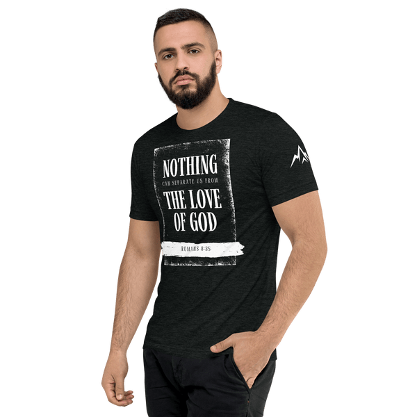 Nothing Can Separate Us From the Love of God T-Shirt worn by a man, showcasing its bold Christian message and distressed style.