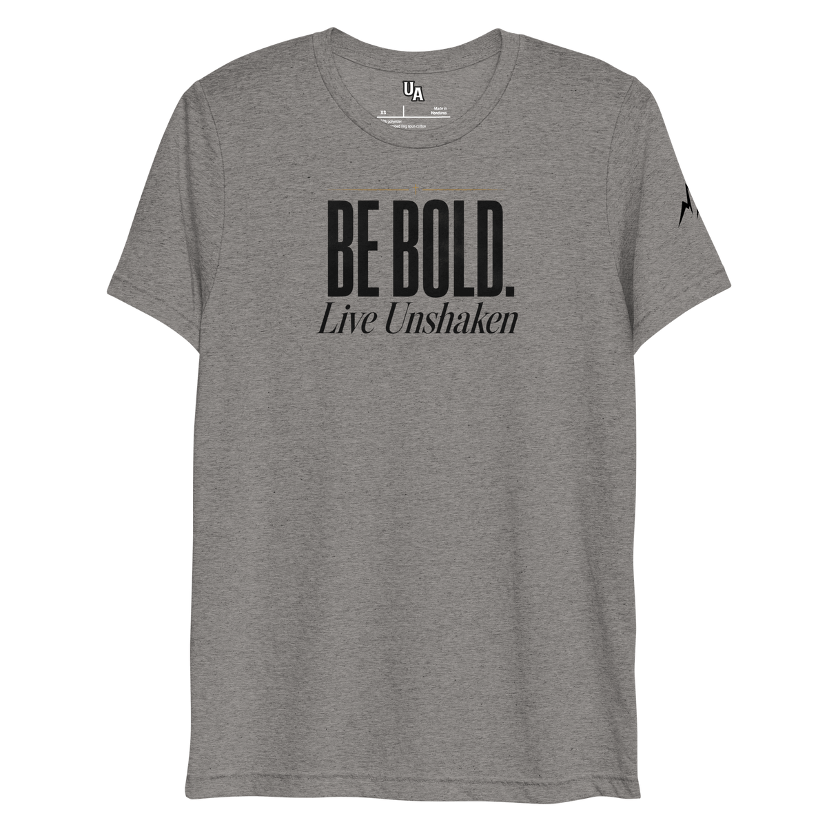 Be Bold. Live Unshaken T-Shirt in grey triblend featuring a Christian message, designed for faith and style.