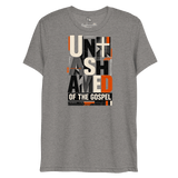 Unashamed of the Gospel Romans 1:16 Christian T-Shirt in grey triblend, bold typography with cross and orange accents.