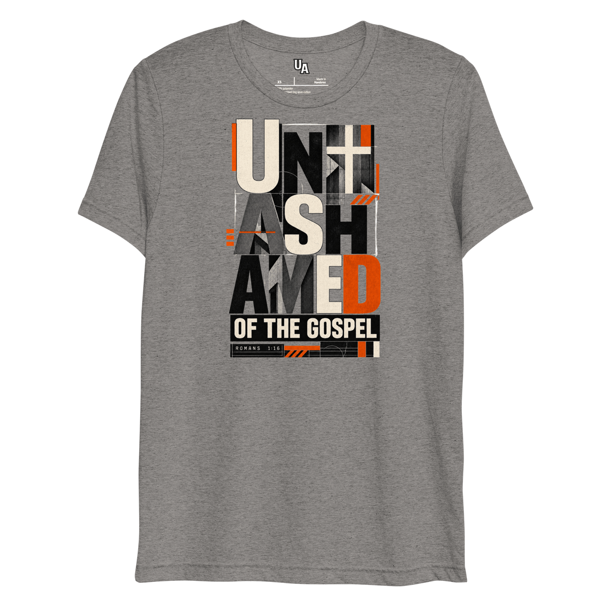 Unashamed of the Gospel Romans 1:16 Christian T-Shirt in grey triblend, bold typography with cross and orange accents.