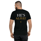 He’s Alive Resurrection T-Shirt featuring bold text on the back, celebrating faith in God and the resurrection.