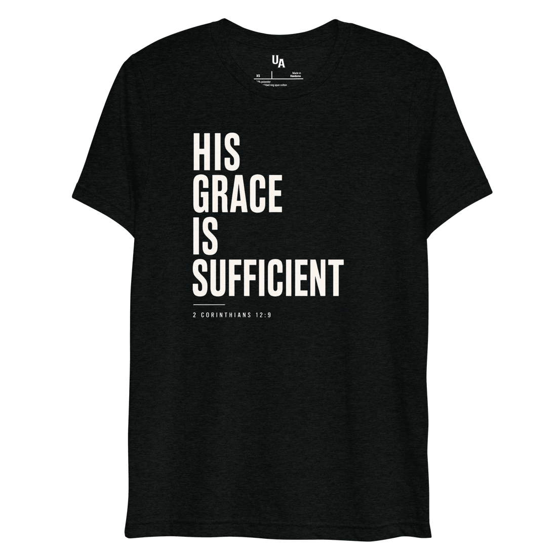 His Grace is Sufficient - 2 Corinthians 12:9 Christian Tee in solid black triblend, inspiring faith and strength.