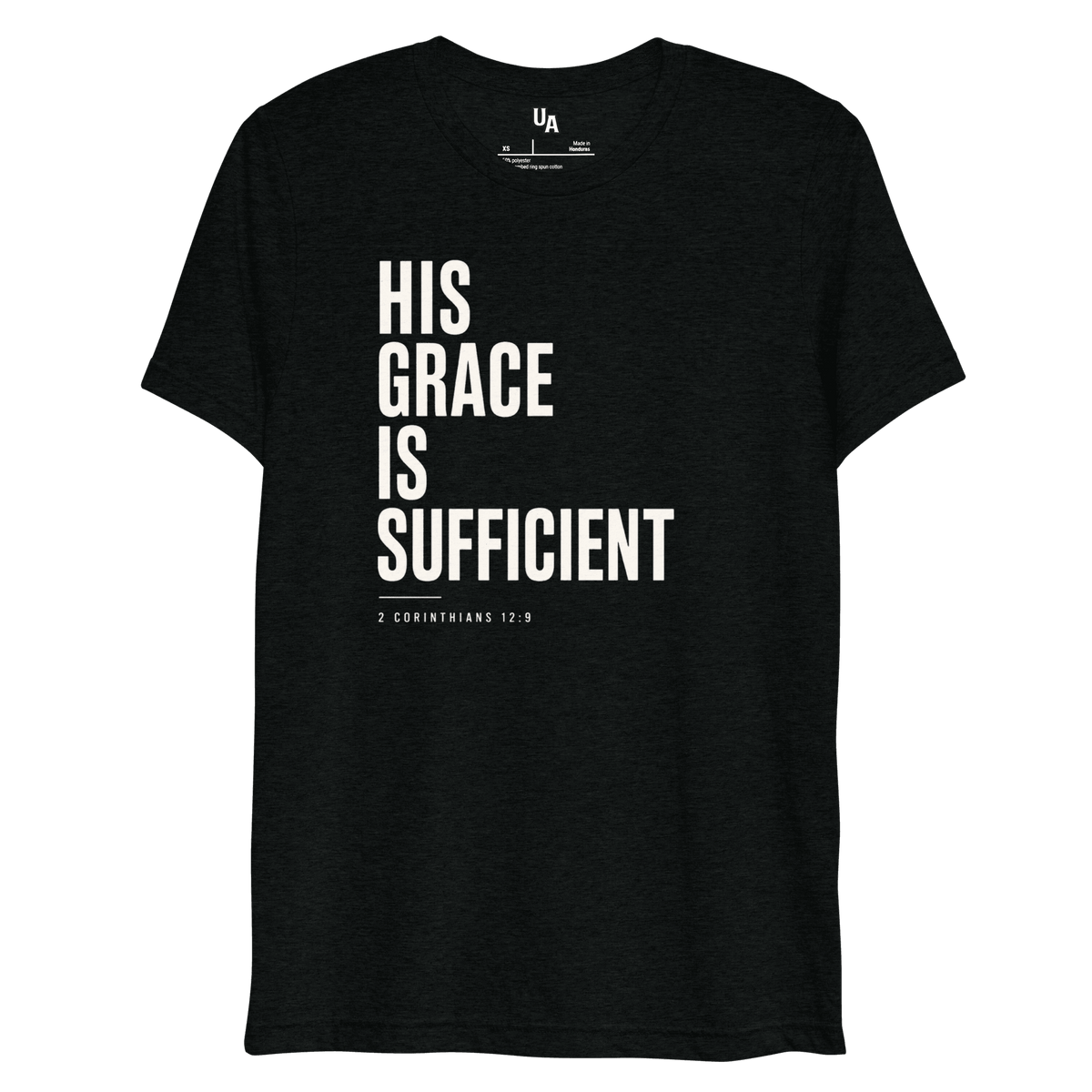 His Grace is Sufficient - 2 Corinthians 12:9 Christian Tee in solid black triblend, inspiring faith and strength.