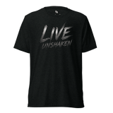 Live Unshaken Steel Design T-Shirt in solid black triblend, featuring bold lettering as a statement of faith and strength.