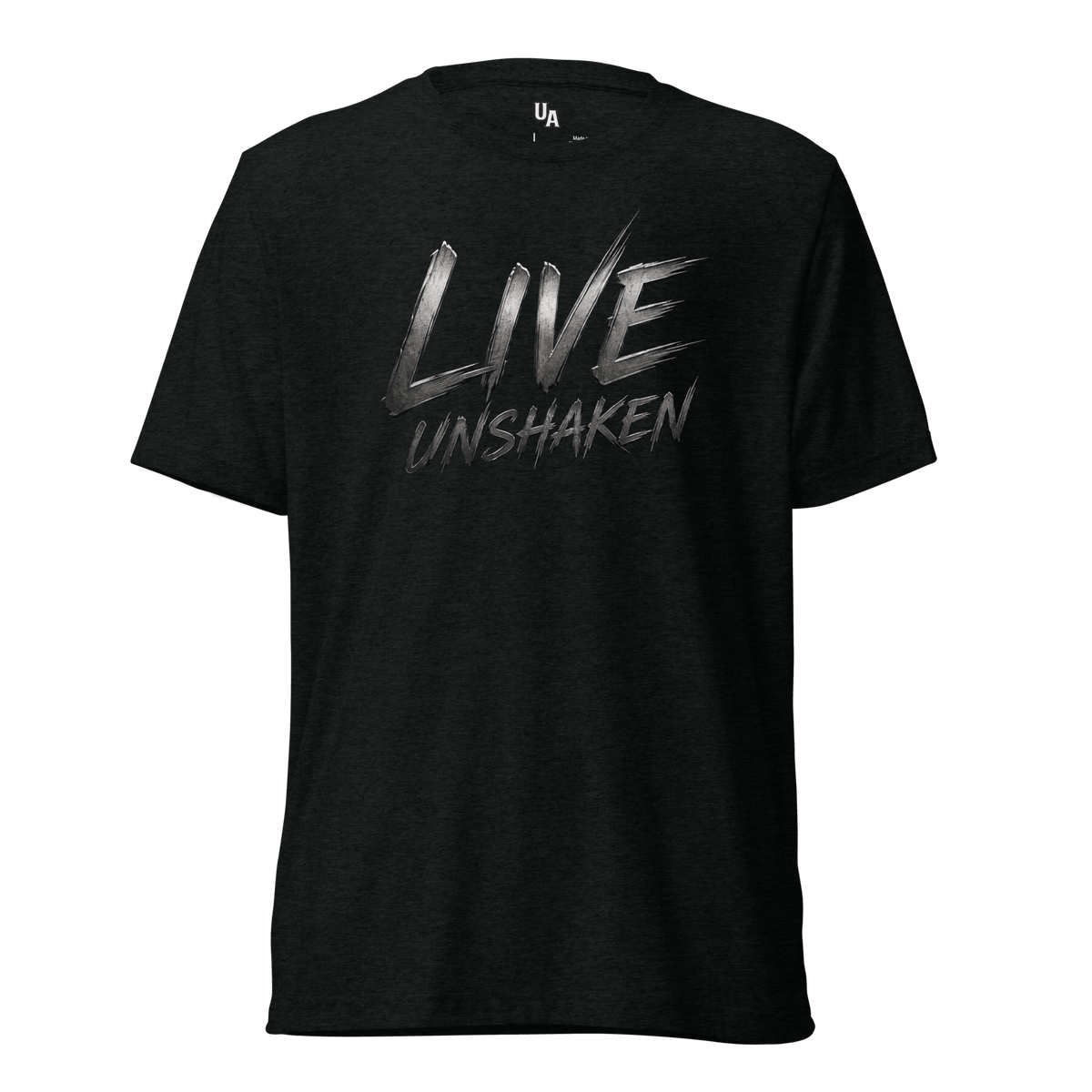 Live Unshaken Steel Design T-Shirt in solid black triblend, featuring bold lettering as a statement of faith and strength.