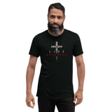 Live Unshaken Distressed Cross T-Shirt worn by man, showcasing faith and strength with a bold cross design and textured lettering.