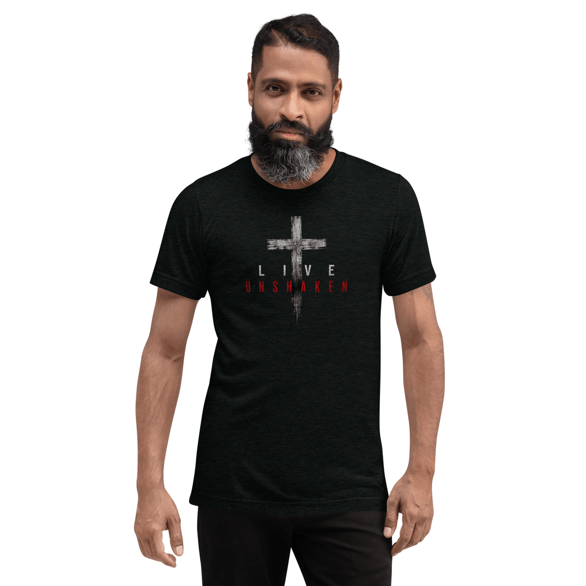 Live Unshaken Distressed Cross T-Shirt worn by man, showcasing faith and strength with a bold cross design and textured lettering.