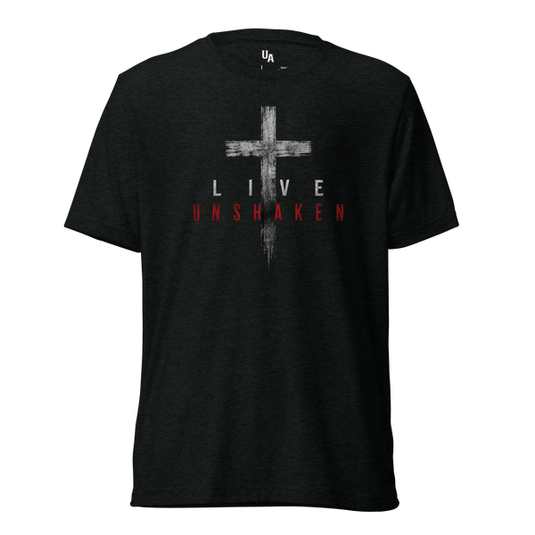Live Unshaken Distressed Cross T-Shirt featuring bold cross design expressing faith and Christian values.