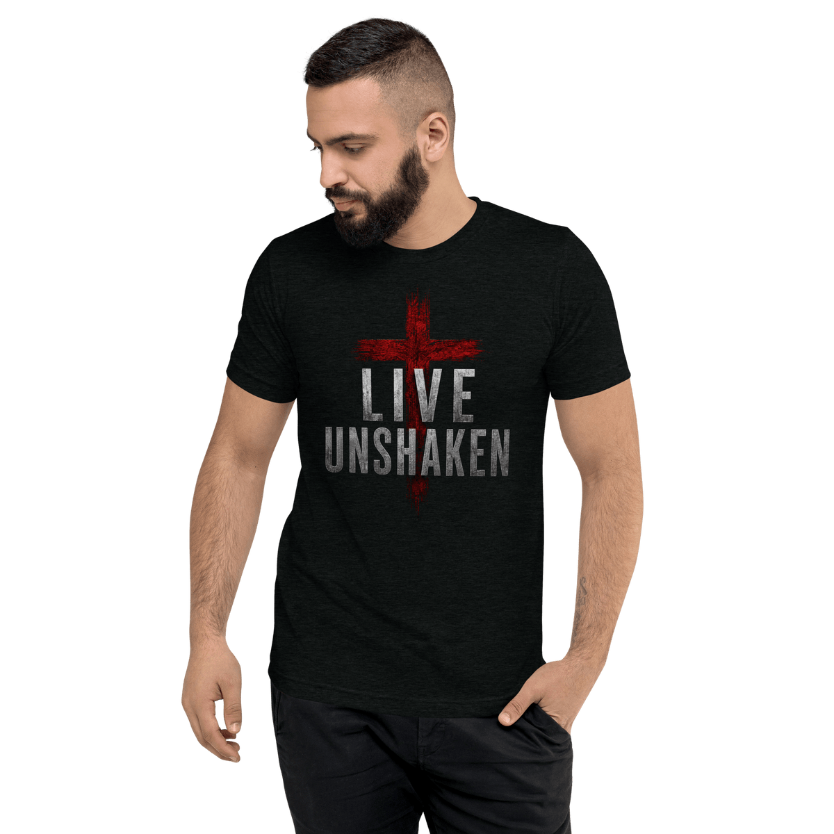 Live Unshaken Red Cross T-Shirt featuring distressed red cross and bold lettering, perfect apparel for Christians to express faith.