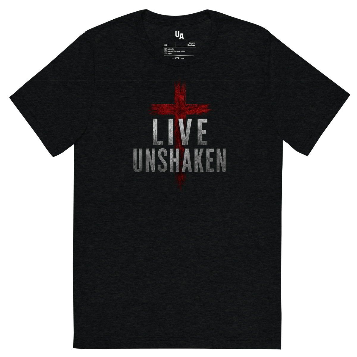Live Unshaken Red Cross T-Shirt featuring bold design for faith and Christian apparel.