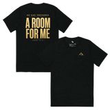 He Has Prepared a Room for Me - John 14:2 Tee in solid black triblend, featuring bold typography for faith apparel.