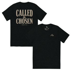 Called & Chosen — Romans 8:30 Tee in solid black triblend, featuring bold lettering that reflects faith and purpose.