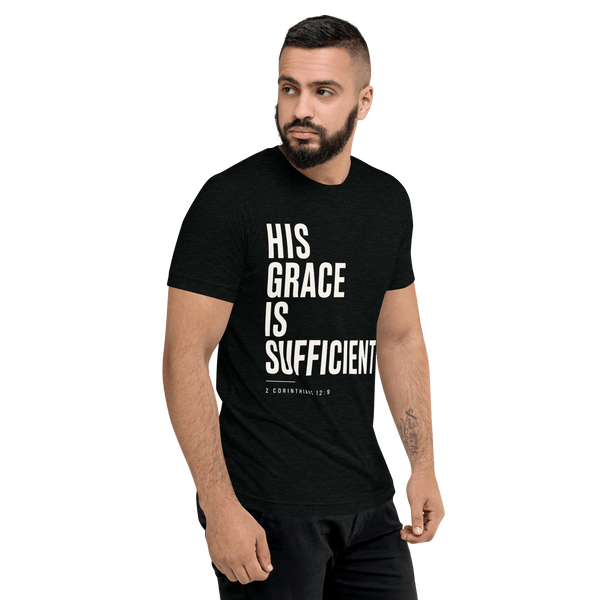 His Grace is Sufficient - 2 Corinthians 12:9 Christian Tee worn by a man, showcasing faith apparel inspired by God's grace.