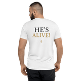 He's Alive Resurrection T-Shirt showing the inspiring message 'HE'S ALIVE!' on the back, perfect for expressing Faith.