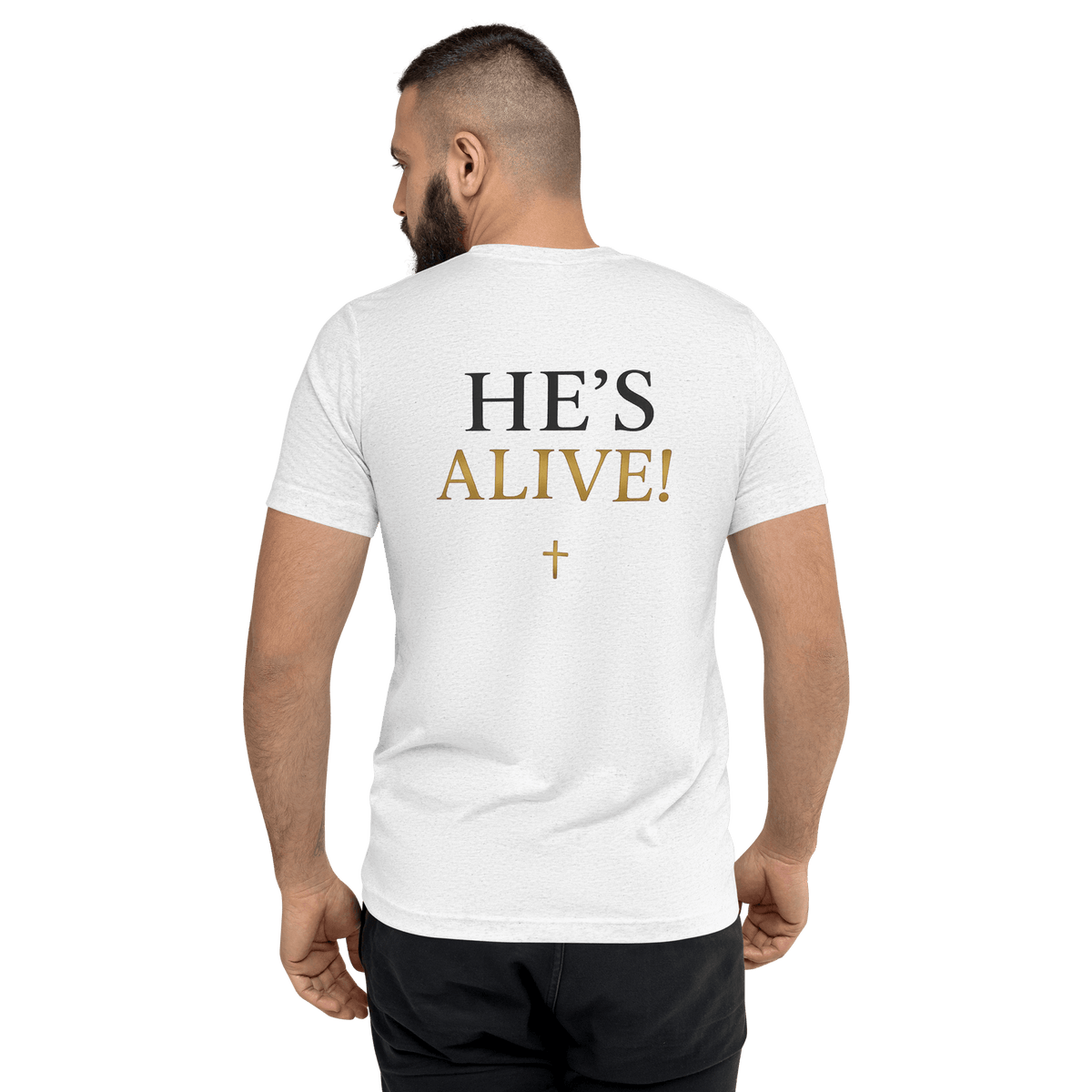 He's Alive Resurrection T-Shirt showing the inspiring message 'HE'S ALIVE!' on the back, perfect for expressing Faith.