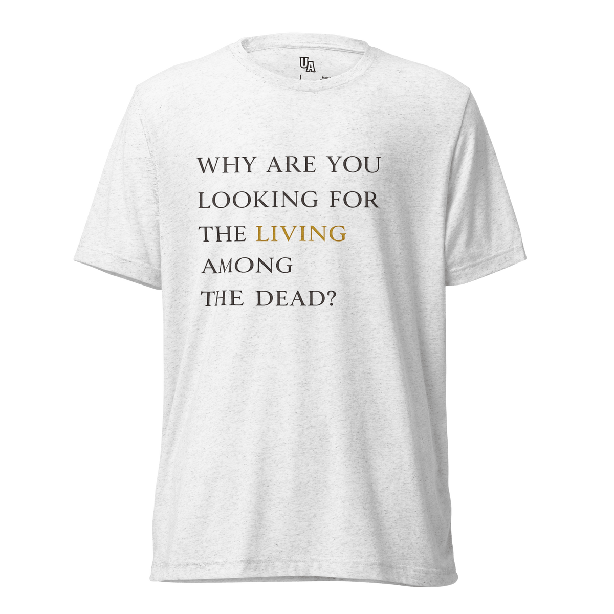 He’s Alive Resurrection T-Shirt featuring inspirational text about faith and resurrection, from Unshaken Apparel.