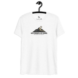 His Strength. My Grind. Mountain Cross Christian T-Shirt in solid white triblend, featuring a mountain range and cross design.