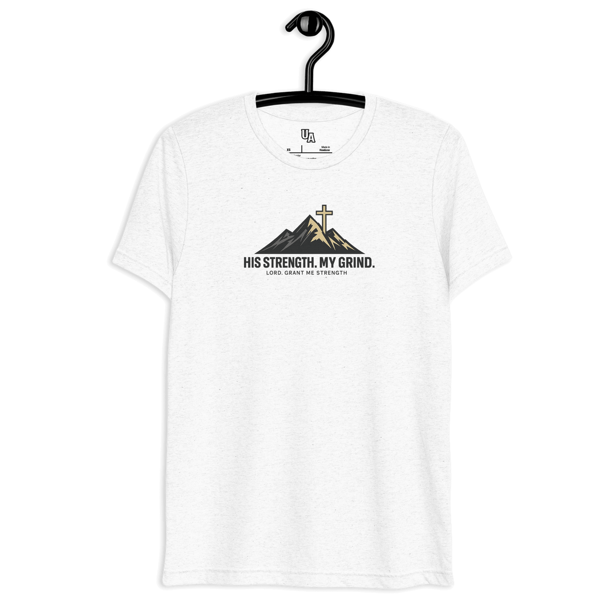 His Strength. My Grind. Mountain Cross Christian T-Shirt in solid white triblend, featuring a mountain range and cross design.