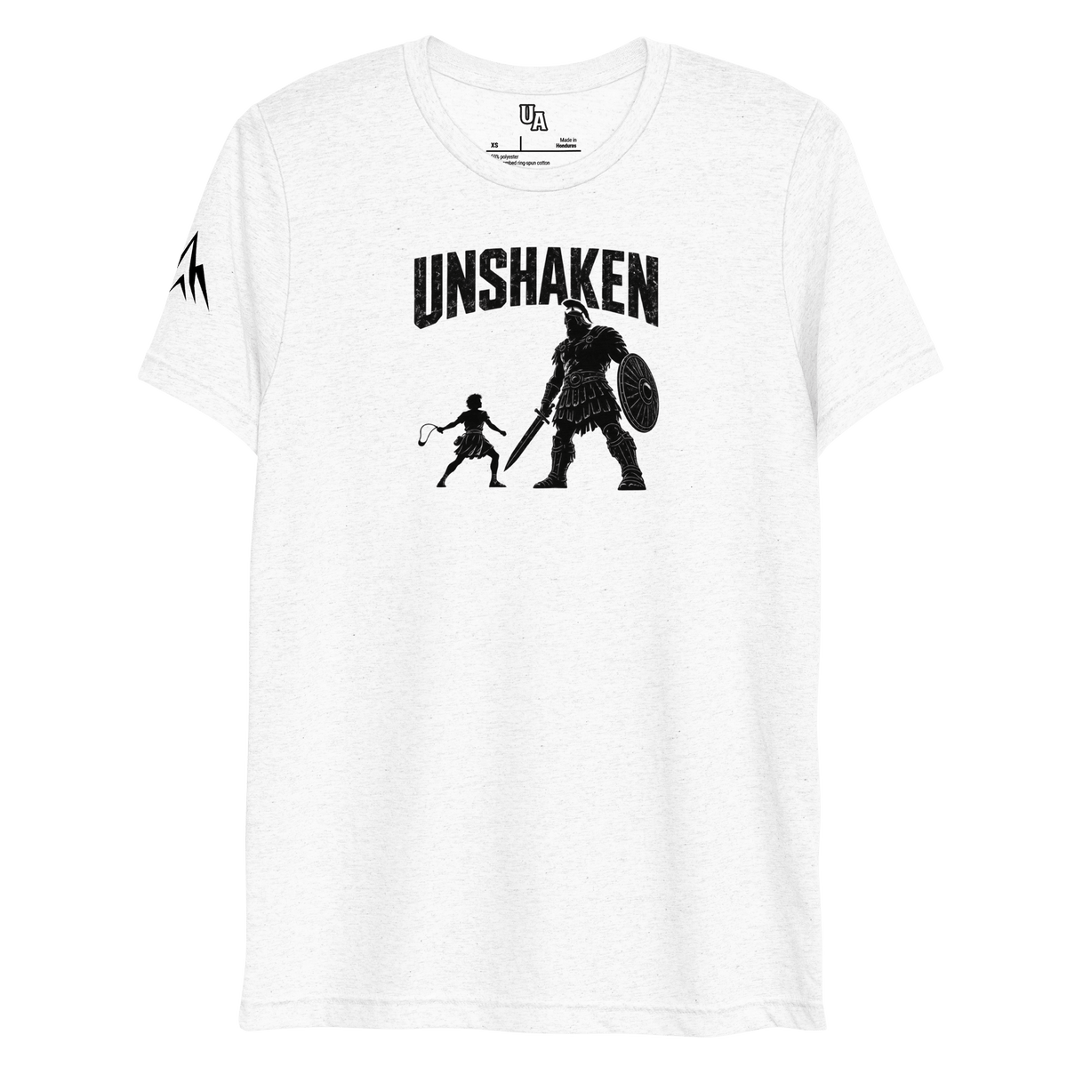 David vs. Goliath “Unshaken” Christian Shirt featuring a silhouette design of David and Goliath symbolizing faith.