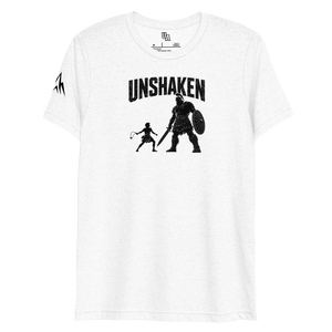 David vs. Goliath “Unshaken” Christian Shirt featuring a silhouette design of David and Goliath symbolizing faith.