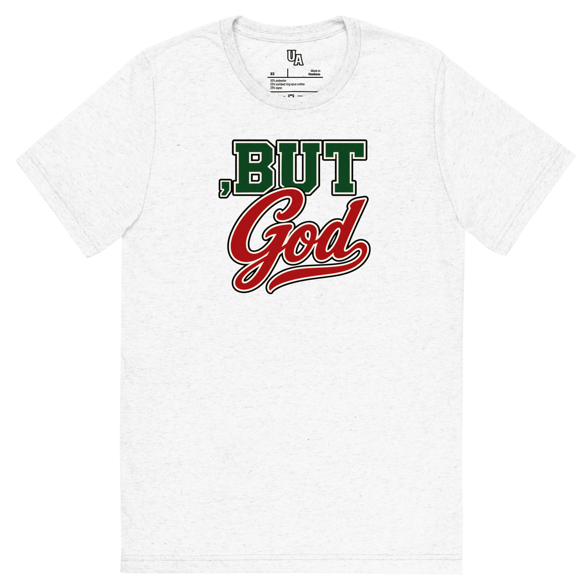 But God Retro Varsity Christian T-Shirt in solid white triblend with bold green and red lettering inspired by faith.