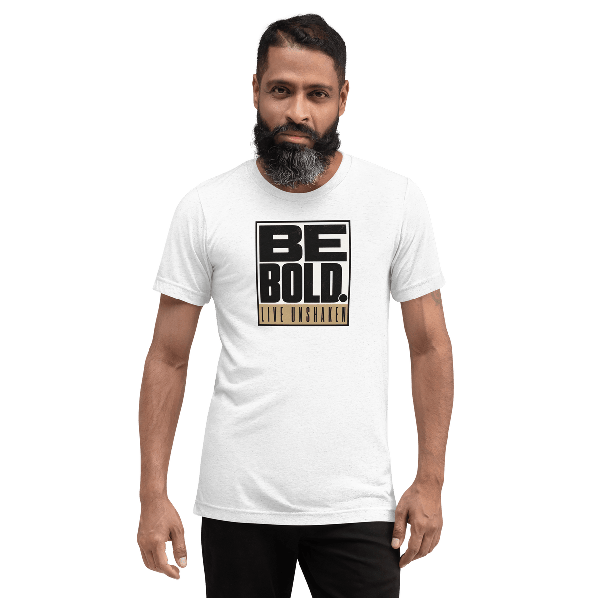 Be Bold. Live Unshaken Statement Design T-Shirt worn by a man, showcasing bold faith-inspired design.