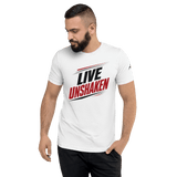 Live Unshaken Forward Motion Design T-Shirt displaying bold typography and athletic lines symbolizing faith and strength.