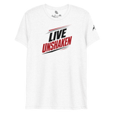 Live Unshaken Forward Motion Design T-Shirt showcasing bold typography for faith and Christian apparel.
