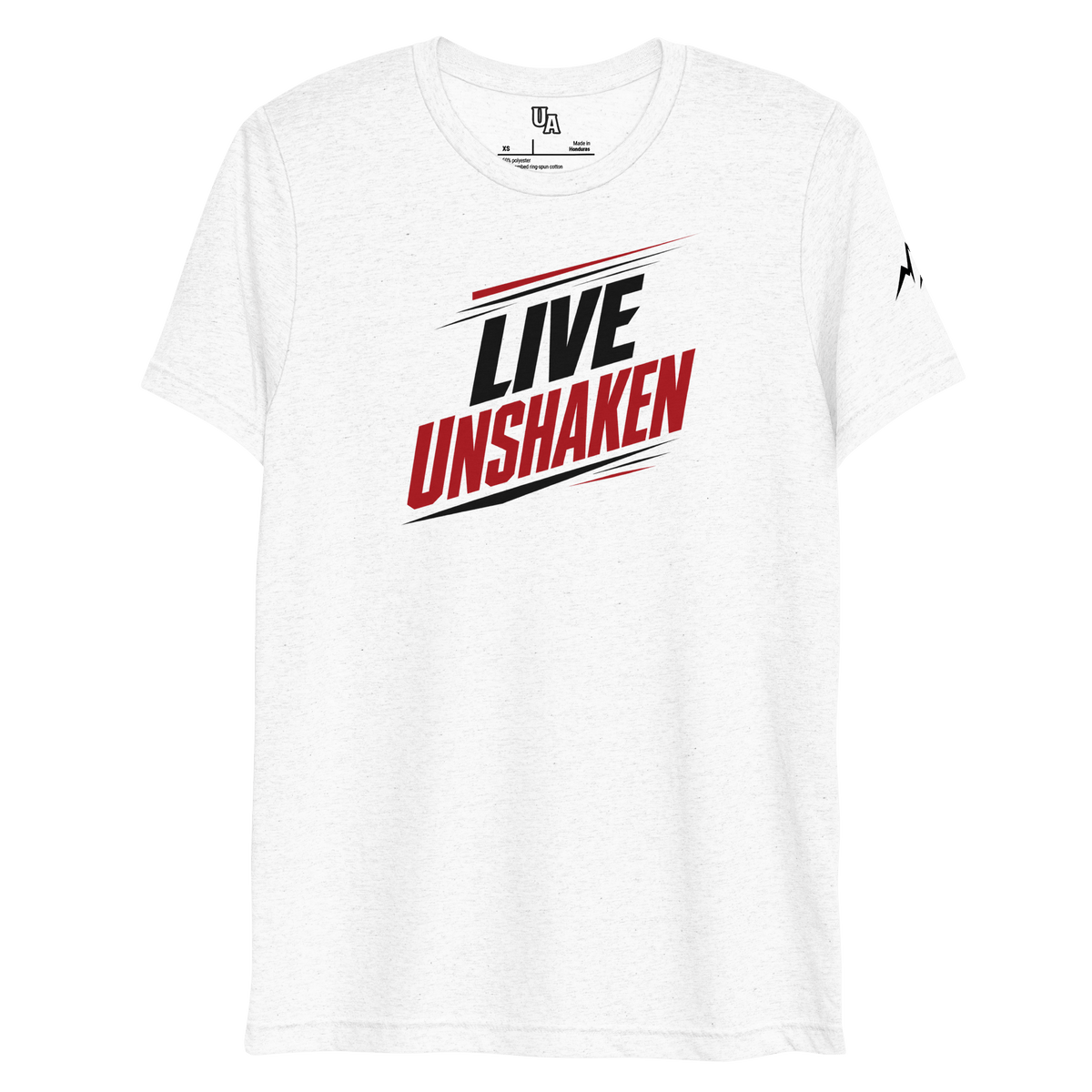 Live Unshaken Forward Motion Design T-Shirt showcasing bold typography for faith and Christian apparel.