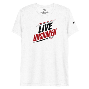 Live Unshaken Forward Motion Design T-Shirt showcasing bold typography for faith and Christian apparel.