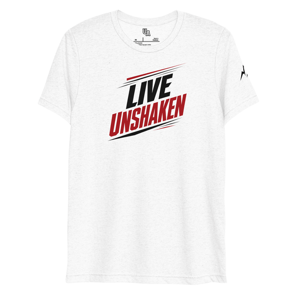 Live Unshaken Forward Motion Design T-Shirt showcasing bold typography for faith and Christian apparel.